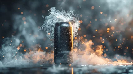 Rolgordijnen photo detail of flying a drink can blank mockup, smoke isolated background © growth.ai