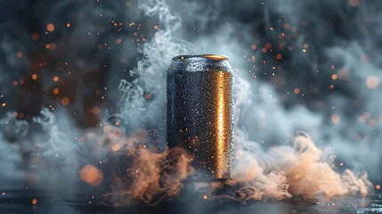 Foto op Plexiglas photo detail of flying a drink can blank mockup, smoke isolated background © growth.ai