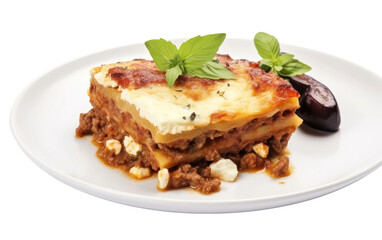 Delicious Lasagna With Sauce and Cheese on a White Plate. A mouthwatering lasagna topped with a generous amount of sauce and melted cheese, presented on a pristine white plate. 