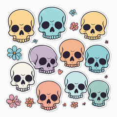 Fototapeta premium Colorful cartoon skulls with vibrant floral elements create a whimsical and playful design.