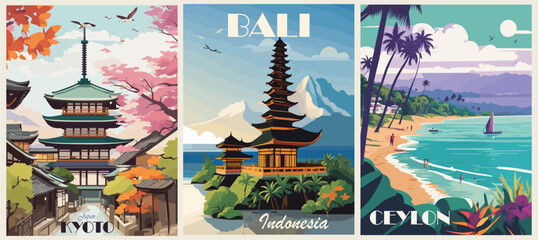 Naklejka premium Set of Travel Destination Posters in retro style. Bali, Indonesia, Ceylon, Sri Lanka, Japan Kyoto prints. Exotic summer vacation, holidays concept. Vintage vector colorful illustrations.