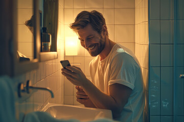 Smiling man using smart phone leaning on wall in bathroom at home.