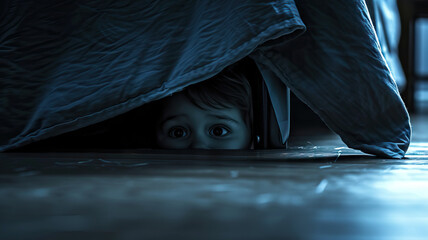 Monster Under the Bed: A toddler peeking under the bed, imagining a scary monster hiding in the shadows - obrazy, fototapety, plakaty
