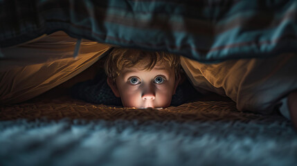 Obraz premium Monster Under the Bed: A toddler peeking under the bed, imagining a scary monster hiding in the shadows