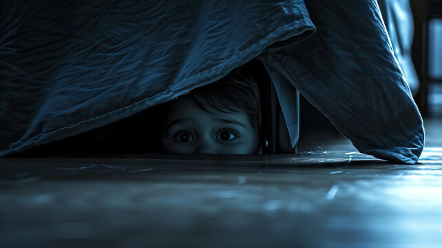Monster Under the Bed: A toddler peeking under the bed, imagining a scary monster hiding in the shadows