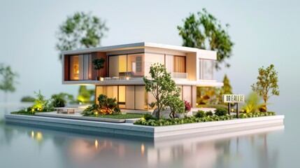 A 3D banner featuring a rotating 3D model of a modern house with a sign in the front yard, representing the properties available for sale - obrazy, fototapety, plakaty