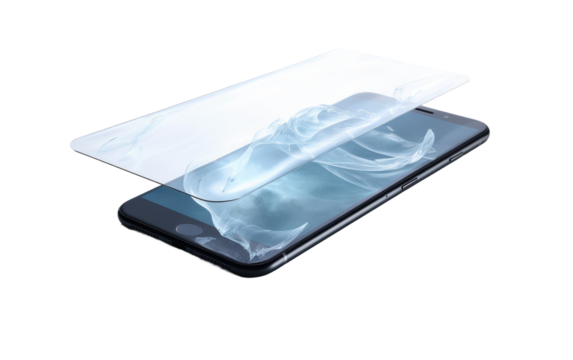 Cell Phone With Glass Screen. A cell phone featuring a glass screen placed on top of it. on White or PNG Transparent Background.