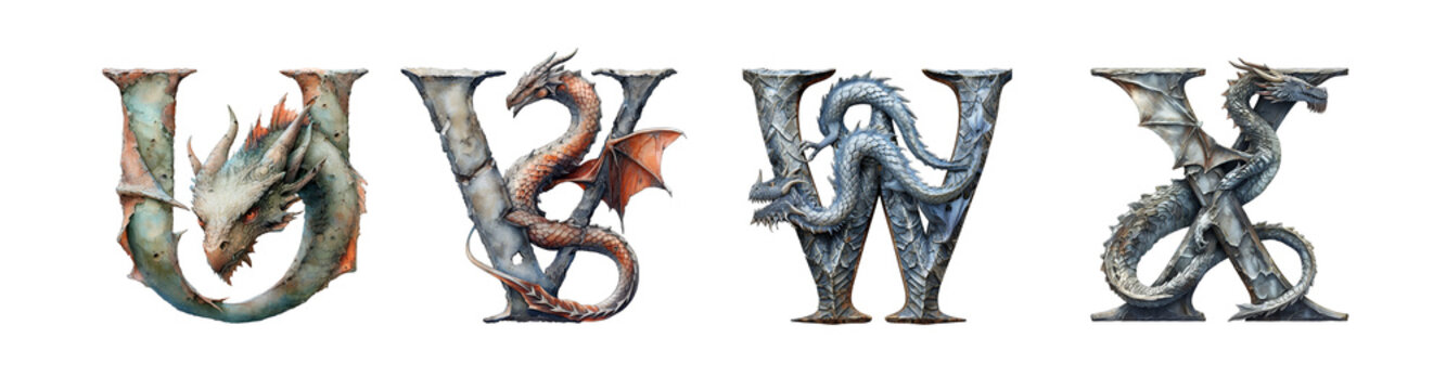 Letters U, V, W, X in dragon style. Unusual fantasy font on the transparent background.