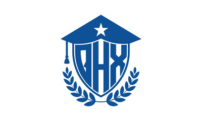 QHX three letter iconic academic logo design vector template. monogram, abstract, school, college, university, graduation cap symbol logo, shield, model, institute, educational, coaching canter, tech
