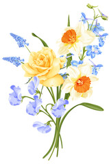 Spring bouquet with yellow rose, narcissus, blue delphinium flower, hyacinth and sweet pea.