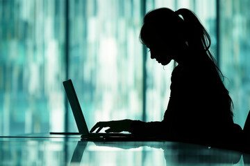 Silhouette of a woman intelligent managing director is keyboarding on laptop computer. - obrazy, fototapety, plakaty