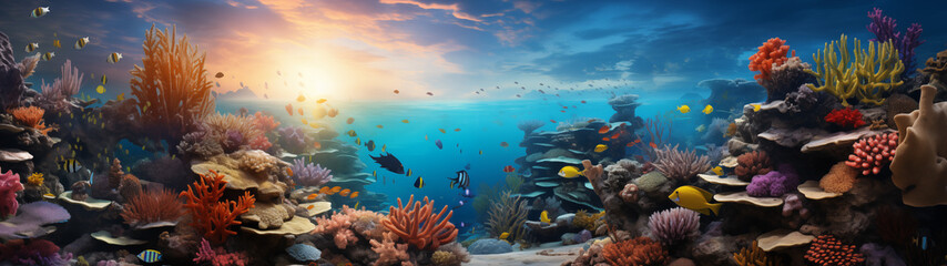 Naklejka na ściany i meble Vibrant Coral Reef Under Sunset Sky