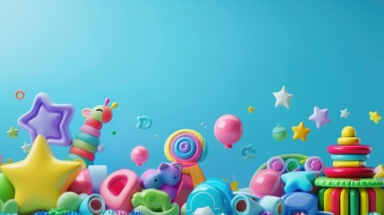 A 3D banner featuring a variety of colorful toys, symbolizing the wide range of toys available for children of all ages