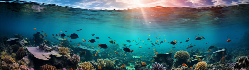 Fototapeta na wymiar Underwater Panorama with Surface View at Dusk