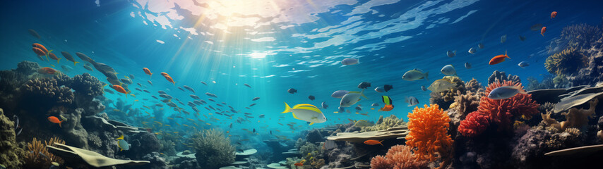 Fototapeta na wymiar Tranquil Undersea Landscape with Sunlight and Fish