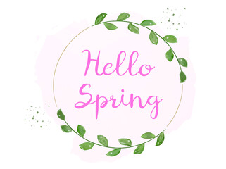 Obraz premium Watercolor frame with plants and watercolor splashes. Hello spring, card in rustic style. Vector illustration