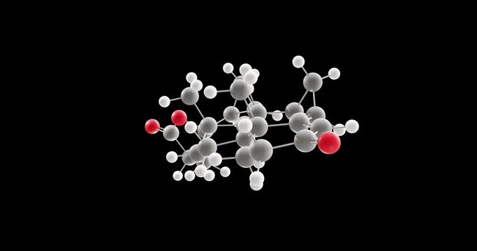Drospirenone molecule, rotating 3D model of progestin, looped video on a black background