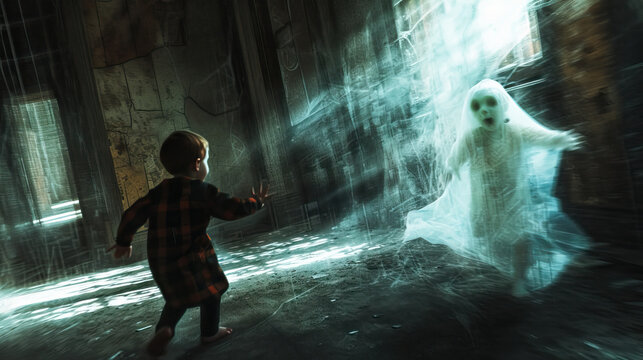 Ghostly Playdate: Toddlers playing with imaginary friends who are spooky ghosts, giggling and running around in a haunted setting