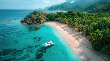 Foto op Canvas Aerial of Grand Anse beach at La Digue island in Seychelles. White sandy beach with blue ocean lagoon © Zie