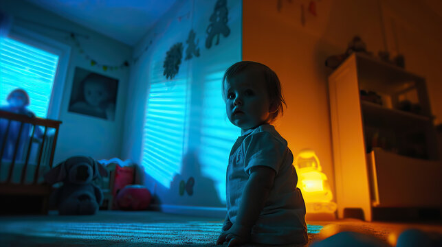 Nighttime Shadows: A toddler looking apprehensive as they see spooky shapes and shadows cast by objects in their room at night