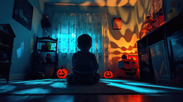 Nighttime Shadows: A toddler looking apprehensive as they see spooky shapes and shadows cast by objects in their room at night
