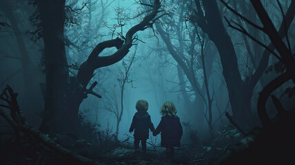 Mysterious Forest Walk: Toddlers exploring a dark forest with twisted trees and strange noises, feeling both scared and curious - obrazy, fototapety, plakaty
