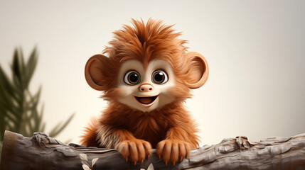 3D illustration plastic cartoon-style of cute baby monkey on white background