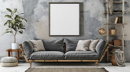 A mockup poster blank frame hanging on a rustic shelf unit, above a cozy loveseat, den, Scandinavian style interior design
