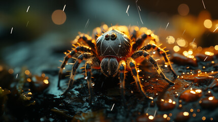 A detailed macro shot of a spider weaving its web - obrazy, fototapety, plakaty