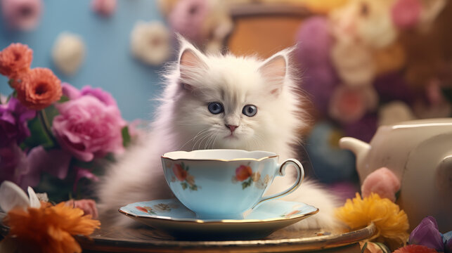 A super cute fluffy white kitten with bright blue eyes photograph