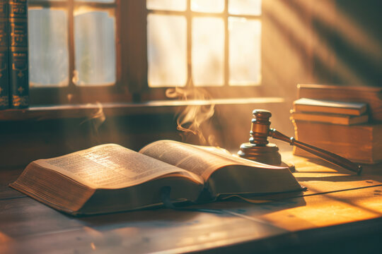 Open law book with a wooden judges gavel on table in a courtroom.