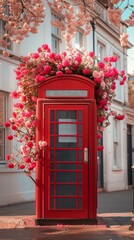 Happy Valentine' s day card. Red telephone booth decorated with blossom flowers. Ai generated image