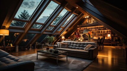 Design of the veranda space with furniture, Mountain house, Modern architecture, interior, Living room - obrazy, fototapety, plakaty