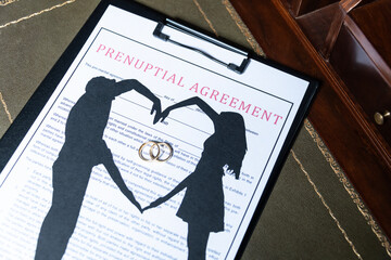 A prenuptial agreement with a silhouette of a couple and wedding rings, symbolizing marital...