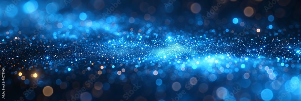 Poster a glittering and shimmering abstract background with blue bokeh lights resembling sparkling sand.