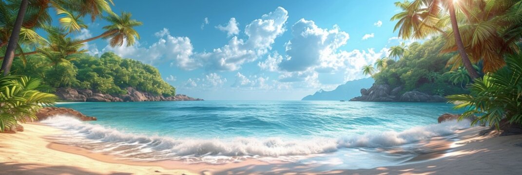 A serene beach scene with turquoise waters, white sands, and a clear blue sky.