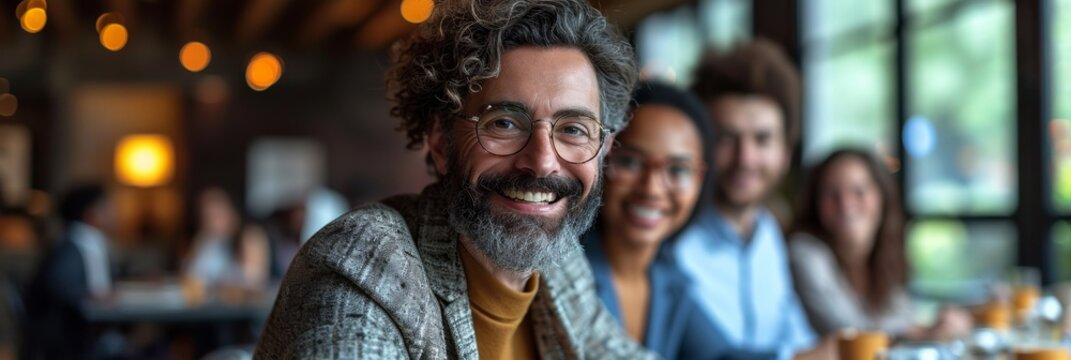 A cheerful and diverse group of coworkers enjoys a happy lunch break together in a cafe.