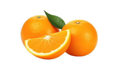 Two Oranges With a Green Leaf on Top. Two bright orange fruits positioned side by side, topped with a single vibrant green leaf. on White or PNG Transparent Background.