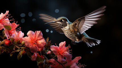 photography shot of a hummingbird sipping nectar - obrazy, fototapety, plakaty