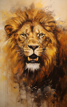 Golden Majesty: Powerful Lion Roars on Vibrant Canvas