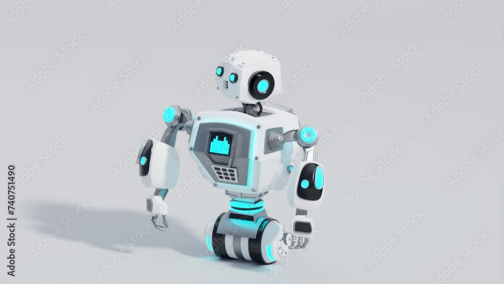 Poster 3d animation of a robot cheerfully waving 'hi!' to the camera. 3d animation