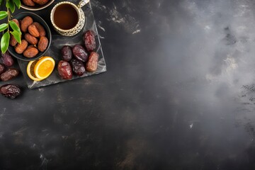 Table top view image of decoration Ramadan Kareem, dates fruit, milk and almond on dark stone background. Flat lay with copy space. copy space - generative ai