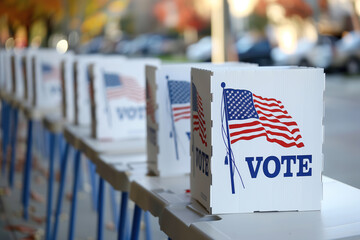 A line of voting boxes adorned with American flags, ready for citizens to cast their votes in the upcoming US elections.