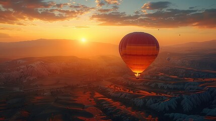 Concept banner travel photo Goreme Turkey aerial view. Sunrise Cappadocia with many colorful hot air balloon fly in sky over deep canyons. - obrazy, fototapety, plakaty