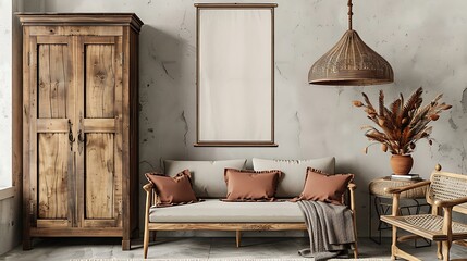A mockup poster blank frame hanging on a rustic wardrobe, above a sleek settee, lounge, Scandinavian style interior design