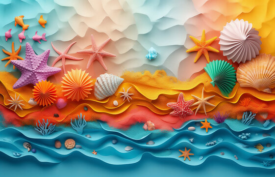 Beautiful creative travel background. Colourful sand beach seashells,and starfishes, cockleshells.