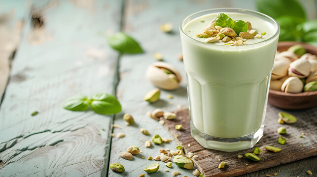 "Dairy-free, plant-derived pistachio milk with smooth flavor being poured from container into glass on white wooden surface accompanied by nuts for a nutritious breakfast ,generative  ai 