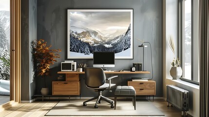 A mockup poster blank frame hanging on a minimalist workstation, above a plush recliner, home office, Scandinavian style interior design