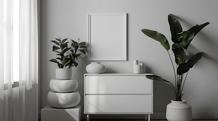 A mockup poster blank frame in a Scandinavian-inspired interior, above a retro chest drawer, surrounded by stacked ceramic planters, in a monochrome white color palette