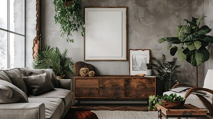 A mockup poster blank frame hanging on a repurposed dresser, above a cozy sectional, home theater, Scandinavian style interior design